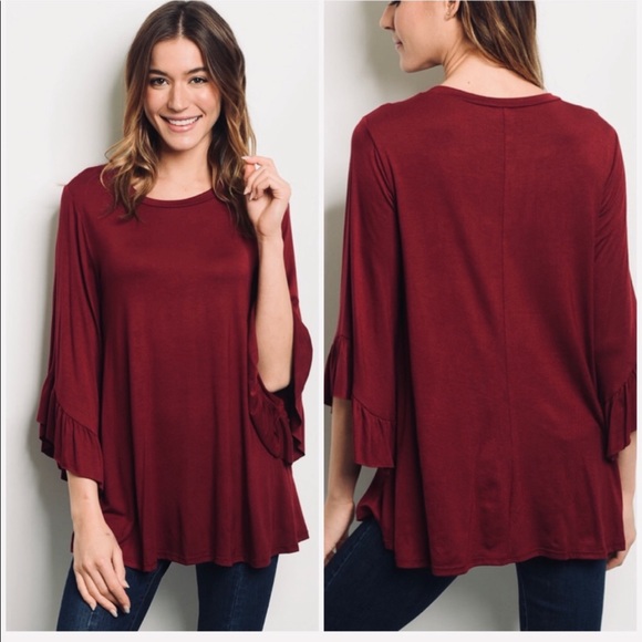 Tops - NEW‼️BURGUNDY RUFFLE HAND DETAIL BELL sleeves- top